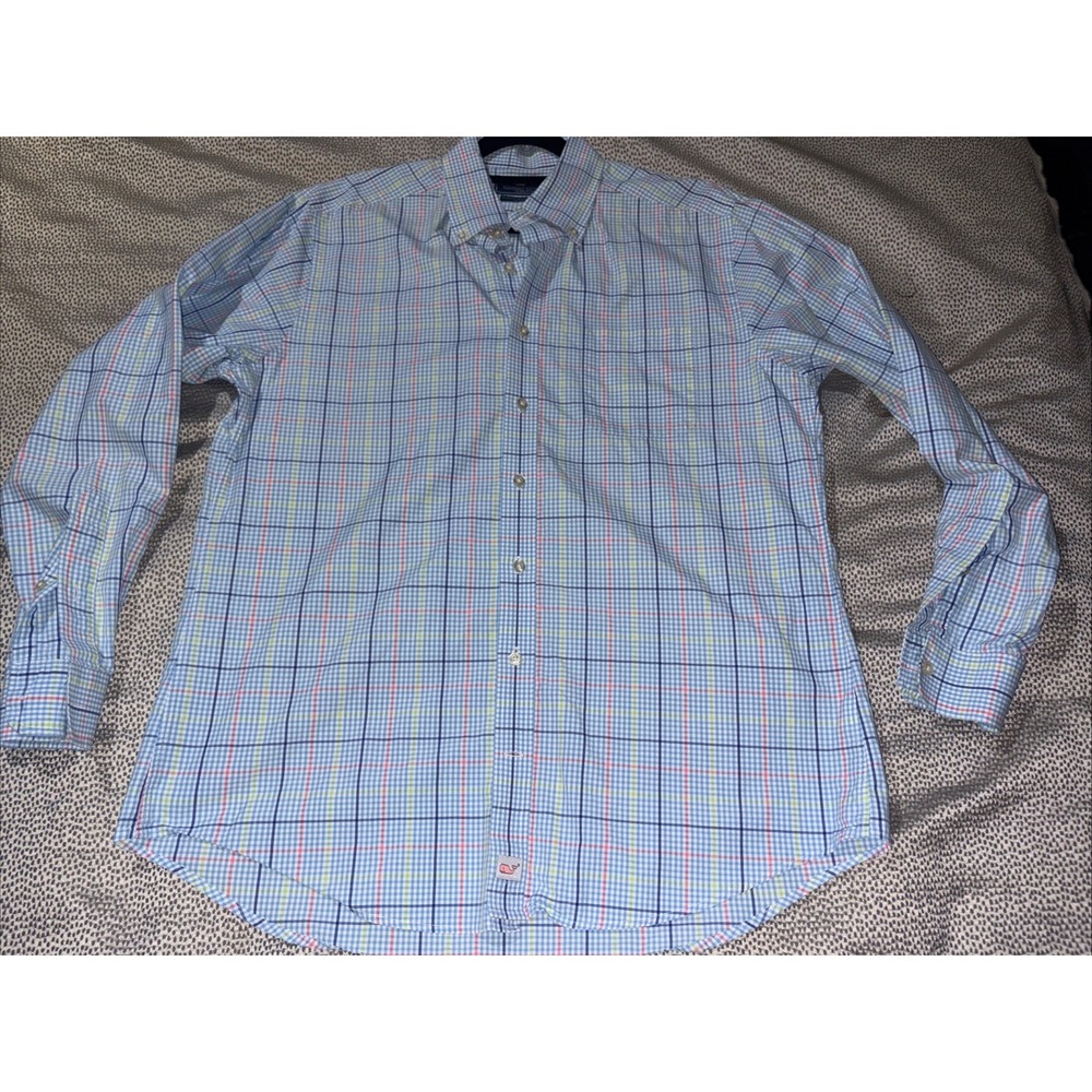 Vineyard Vines Slim Murray Button Shirt Men Blue Pink Plaid Cotton Size Large